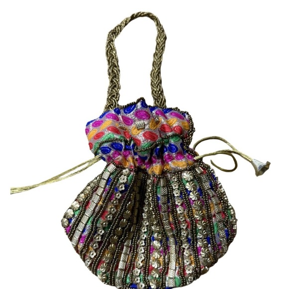 Vintage Beaded Indian Mini Bag Purse With Jewelry Pouch Amrapoli Unique Timless - Picture 3 of 6